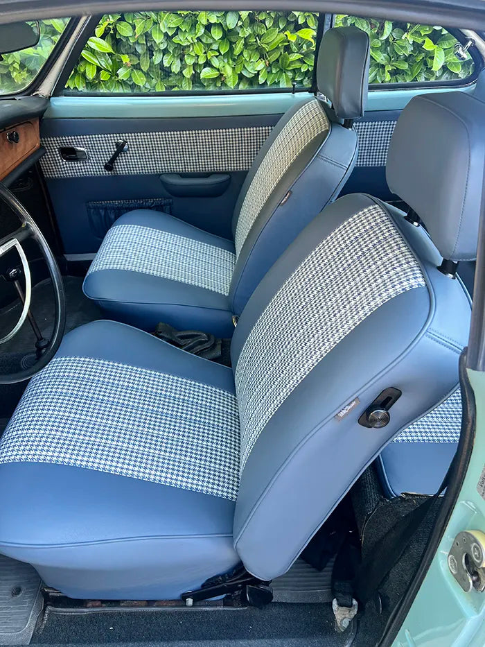 Karmann Ghia Blue Leather and Pepita front Seat