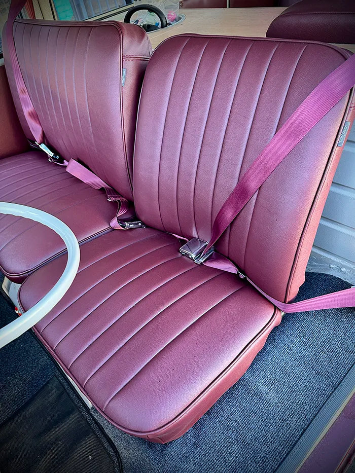 VW Split Screen Dark Red Front Seat Shot